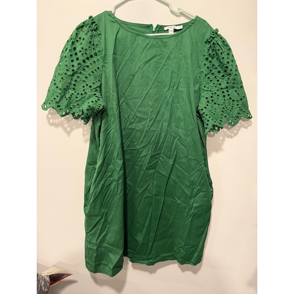 Chicos Green Eyelet Puff Sleeve Shift Dress Size 3 US 16 Coastal Preppy Cotton